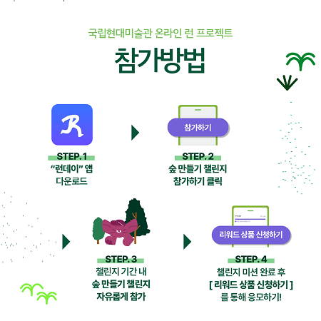 참가방법_1. 런데이 앱 무료 다운로드
/ 2. 챌린지 기간 동안 숲 만들기 챌린지 챌린지 자유롭게 참가 / 3. 협동 챌린지 미션 달성 후 런데이앱에서 [리워드 상품 신청하기]