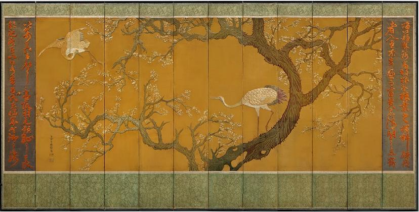 Kim Kyujin et al., ‹Embroidered Folding Screen of Plum Blossoms and Cranes›, 1870s-1930s